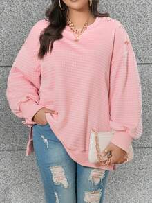 SHEIN Franclia Hơn Thả vai Chi tiết Nút Áo nỉ - Hồng - Xem 4