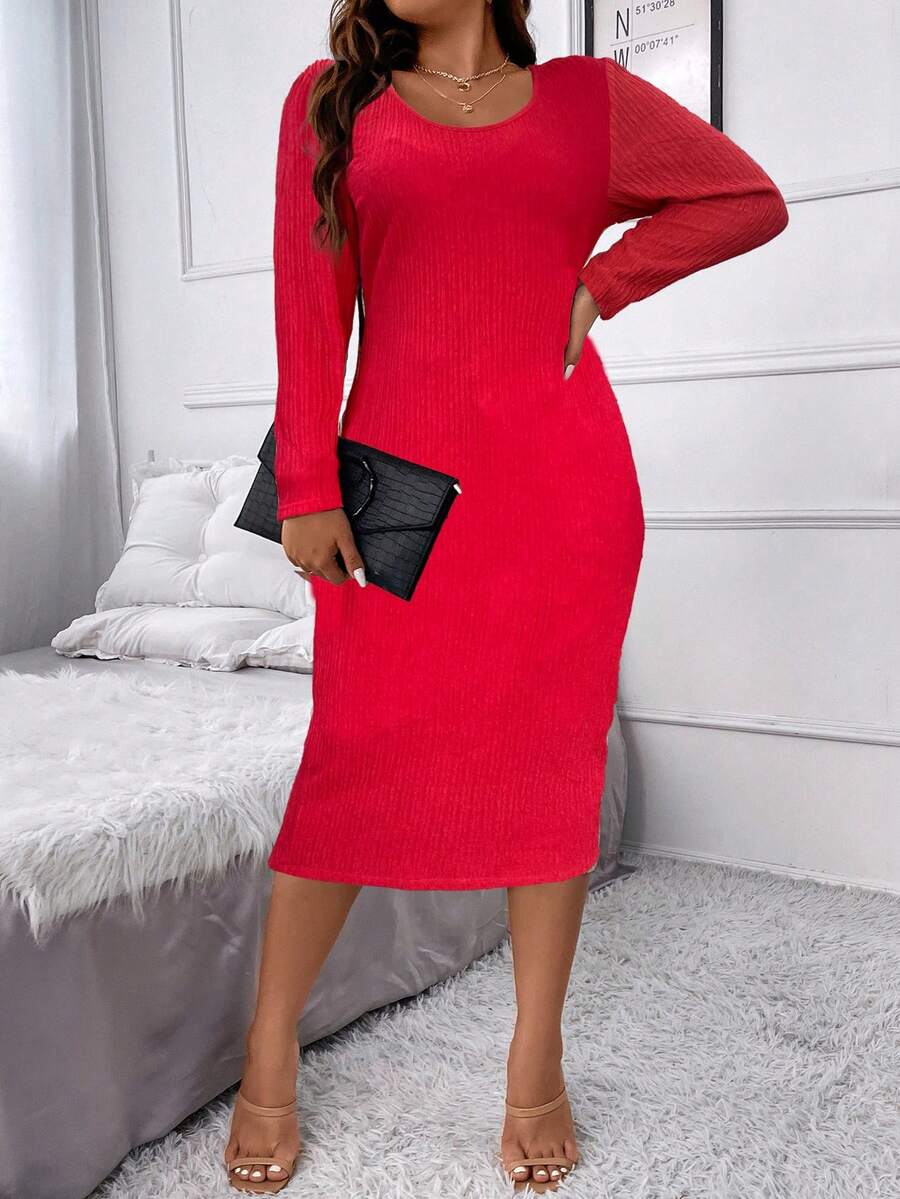 EMERY ROSE Talla grande Vestido ajustado unicolor tejido de canalé - Rojo - Ver 1