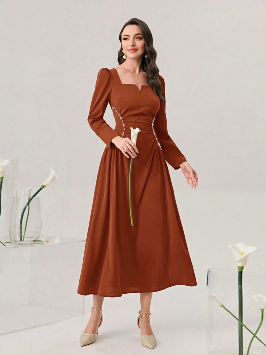 Modelyn Vestido formal de noche largo con escote corazón, mangas abullonadas y fruncido delantero - Marrón - Ver 1
