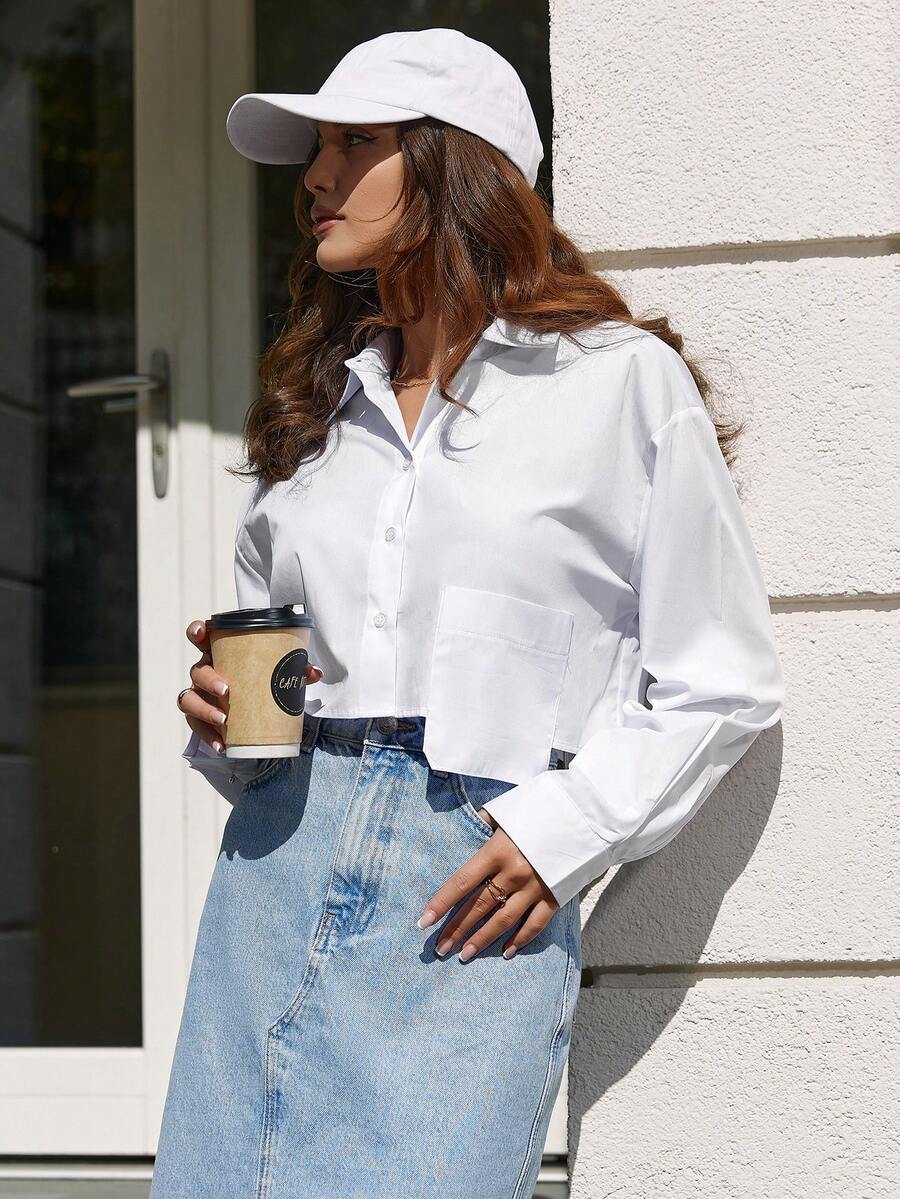 SHEIN Cottnline Women's Solid Color Patch Pocket Button Up Shirt - White - View 1