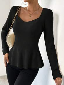 Chiquease Sweetheart Neck Raglan Sleeve Peplum Hem Sweater - Black - View 4