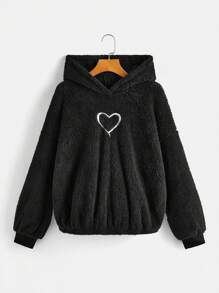 SHEIN LUNE Heart Embroidery Drop Shoulder Teddy Hoodie - Black - View 1