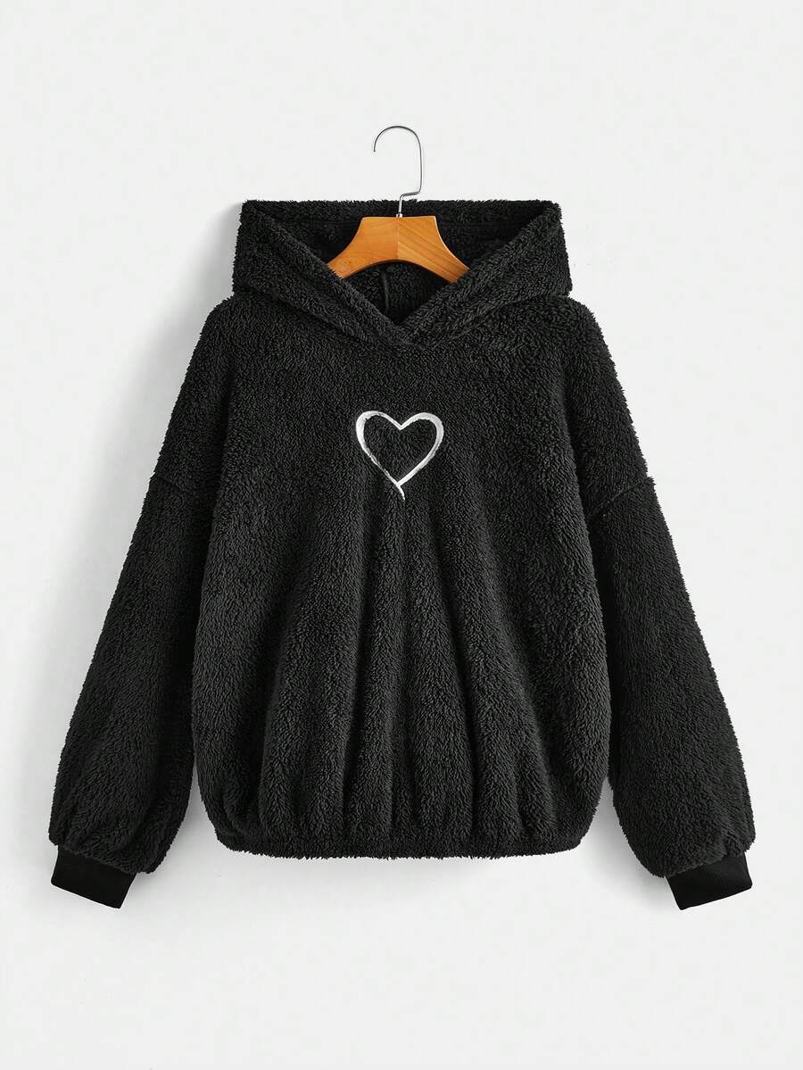 SHEIN LUNE Heart Embroidery Drop Shoulder Teddy Hoodie - Black - View 1