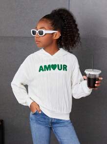 Tween Girl Letter Flocking Drop Shoulder Hoodie - White - View 1