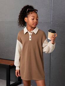 Cô gái Tween Hai âm Thả vai Cổ Polo Dệt kim Waffle Đầm nỉ - Nhiều màu - Xem 4