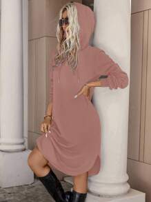 SHEIN LUNE Solid Drawstring Hooded Split Hem Sweatshirt Dress Graduation,Back To School Outfits,Graduation,Teacher Outfits For Women,Back To School In Fall/Winter - Dusty Pink - View 7