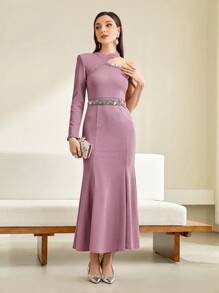 Modelyn Asymmetrical Neck Rhinestone Detail Mermaid Hem Dress Without Belt Long Evening Dresses