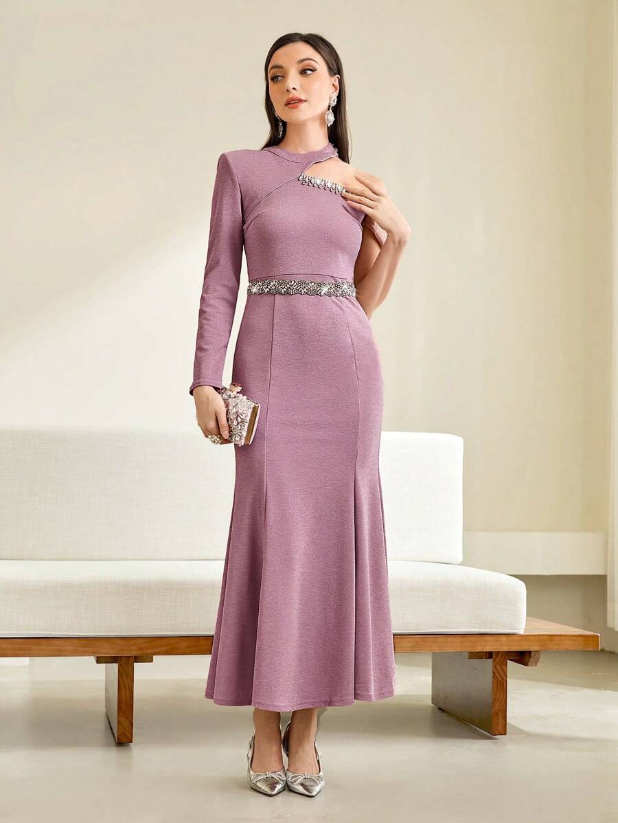 Modelyn Asymmetrical Neck Rhinestone Detail Mermaid Hem Dress Without Belt Long Evening Dresses