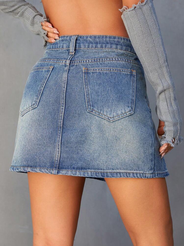 Flap Detail Fold Pleated Denim Skirt