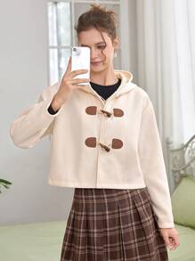 SHEIN EZwear 素色連帽粗呢大衣 - 白色 - 查看 3