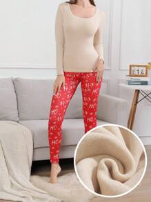 Christmas Solid Tee & Letter Graphic Leggings PJ Set / Pajama Set - Multicolor - View 1