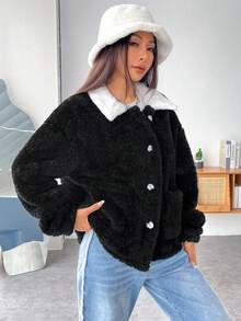 SHEIN EZwear Cổ áo tương phản Thả vai Áo Teddy Jackets - màu đen - Xem 6