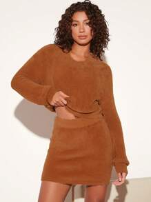 SHEIN BASICS 素色絨毛針織短款毛衣&針織短裙 - 棕色 - 查看 3