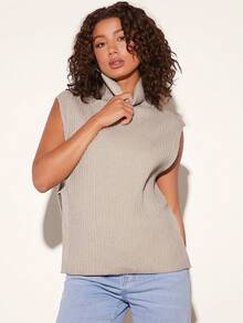 SHEIN BASICS Áo cao cổ Đồ đan Ribbed Áo len vest - Màu be - Xem 5