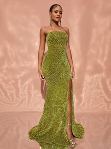 Split Thigh Sequin Formal Dress - Olive Green - View 5