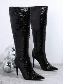 SHUZIA Botas con lentejuelas cremallera lateral con tacón delgado - Negro - Ver 2