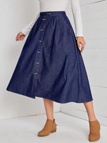 EMERY ROSE Button Front Denim Skirt - Dark Wash - View 3