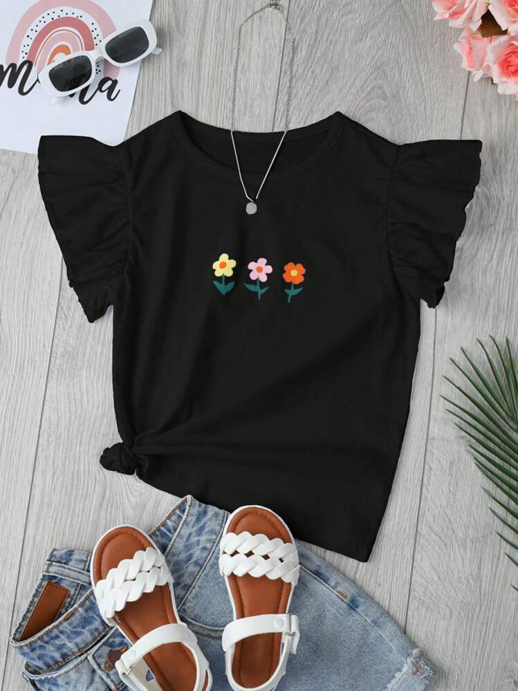 RueChic Teenager Mädchen T-Shirt mit Blume Muster, Rüschenbesatz, - Schwarz - Übersicht 1