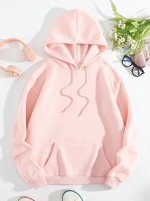 SHEIN EZwear Slogan & Butterfly Print Kangaroo Pocket Drawstring Thermal Hoodie - Baby Pink - View 2