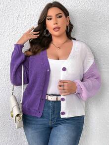 Calvaya Plus Colorblock Drop Shoulder Button Front Cardigan - Multicolor - View 5
