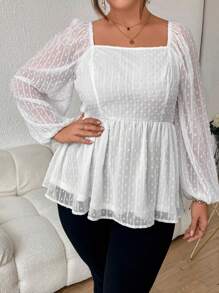 SHEIN Privé Hơn Chấm Swiss Cổ vuông Tay áo lồng đèn Áo sơ mi Peplum - trắng - Xem 1