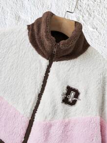 SHEIN EZwear Letter Embroidery Colorblock Drop Shoulder Teddy Coat - Multicolor - View 4