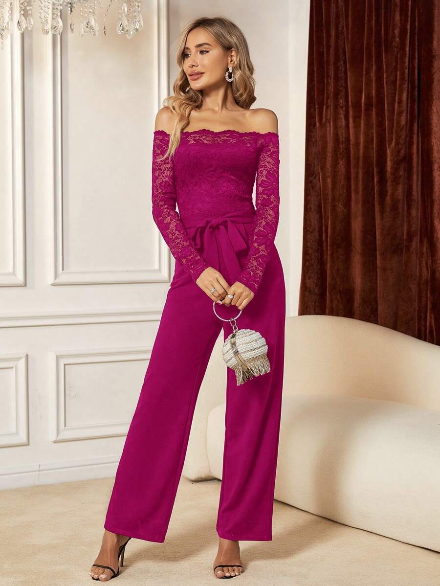 SHEIN Clasi Off Shoulder Lace Bodice Belted Jumpsuit - Red Violet - View 1
