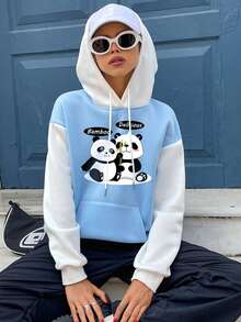 SHEIN EZwear Hình ảnh Panda & Chữ cái Túi kangaroo Thả vai Dây rút Lót nhiệt Hoodie - Màu xanh nhạt - Xem 6