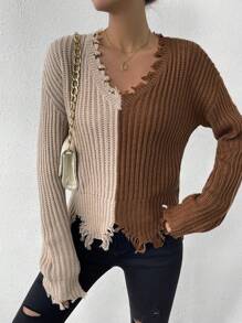 SHEIN Essnce 雙色落肩袖仿舊邊套頭毛衣 - 棕色 - 查看 6