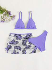 Teen Girl Bikini Set With Tropical Print Beach Skirt Summer Beach - Purple - View 5