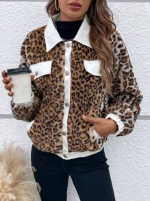 SHEIN LUNE Cazadora teddy con patrón de leopardo de hombros caídos con diseño de solapa - Marrón - Ver 3