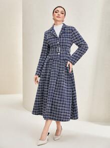 Modelyn Plaid Print Belted Coat & Dress - Navy Blue - View 1