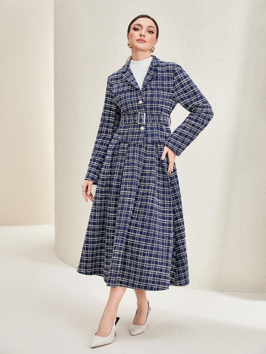 Modelyn Plaid Print Belted Coat & Dress - Navy Blue - View 1