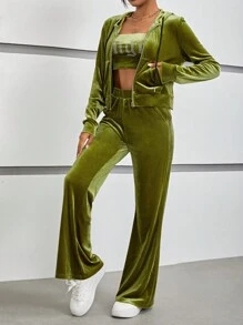 SHEIN EZwear 素色絲絨夾克和字母水鑽裝飾抹胸上衣和喇叭褲 - 軍綠色 - 查看 3