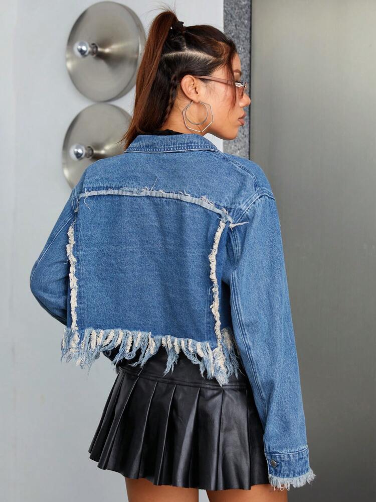 Raw Trim Flap Pocket Crop Denim Jacket