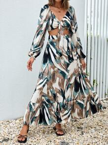 SHEIN VCAY Allover Print Lantern Sleeve Crop Top & Ruffle Hem Skirt - Multicolor - View 1