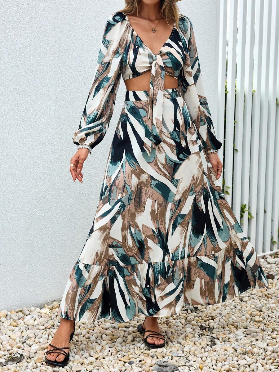 SHEIN VCAY Allover Print Lantern Sleeve Crop Top & Ruffle Hem Skirt - Multicolor - View 1