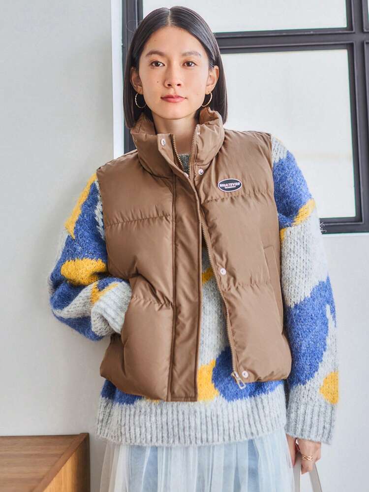 1pc Letter Patched Detail Snap Buttoned Zipper Vest Padded Coat Jacket Winter