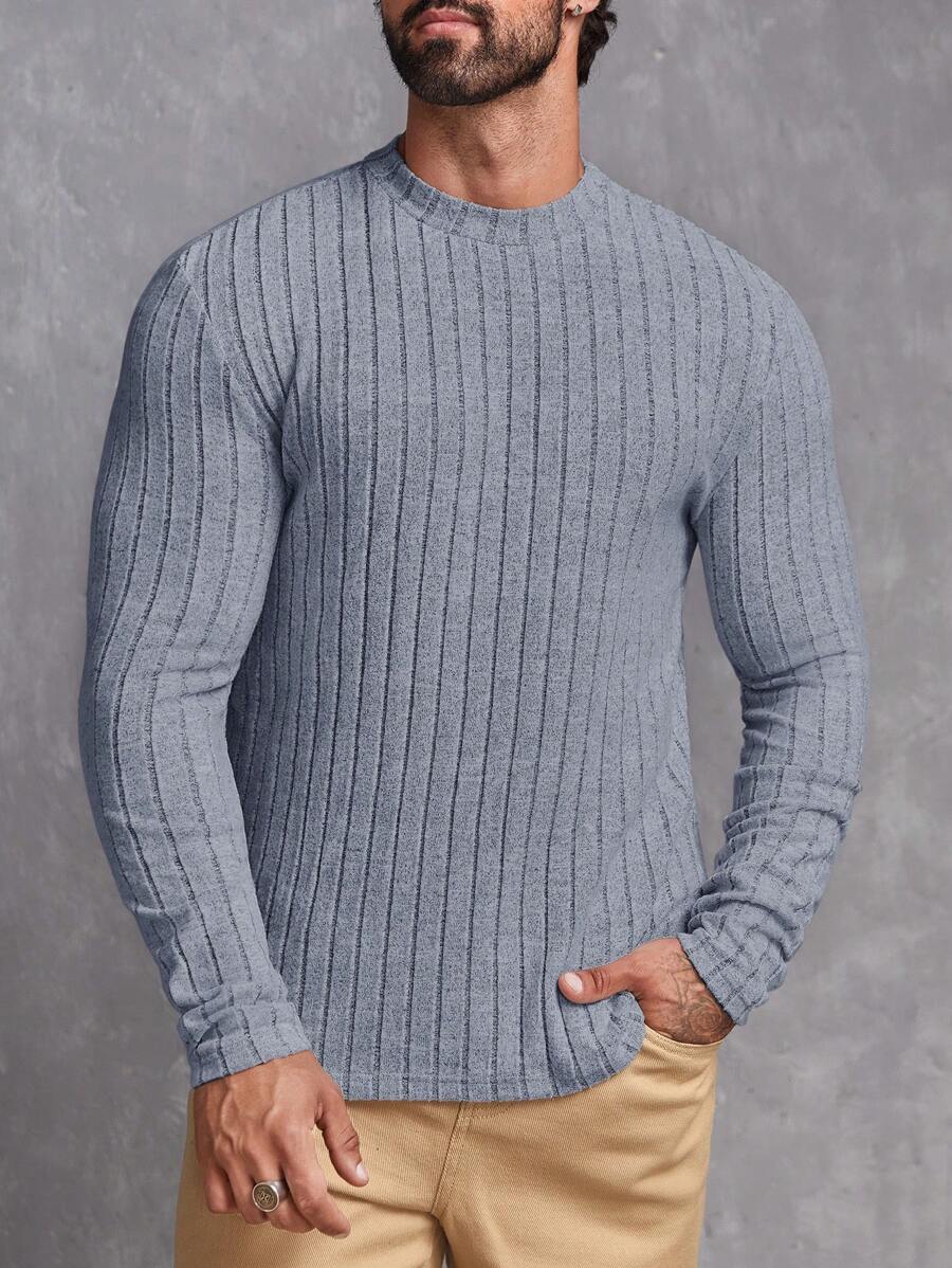 GENTILAND Nam Chất rắn Đồ đan Ribbed Áo thun - Màu xanh nhạt - Xem 1