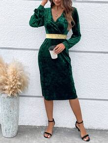 SHEIN Privé Surplice cổ Tay áo lồng đèn Nhung Đầm - màu xanh lá - Xem 6