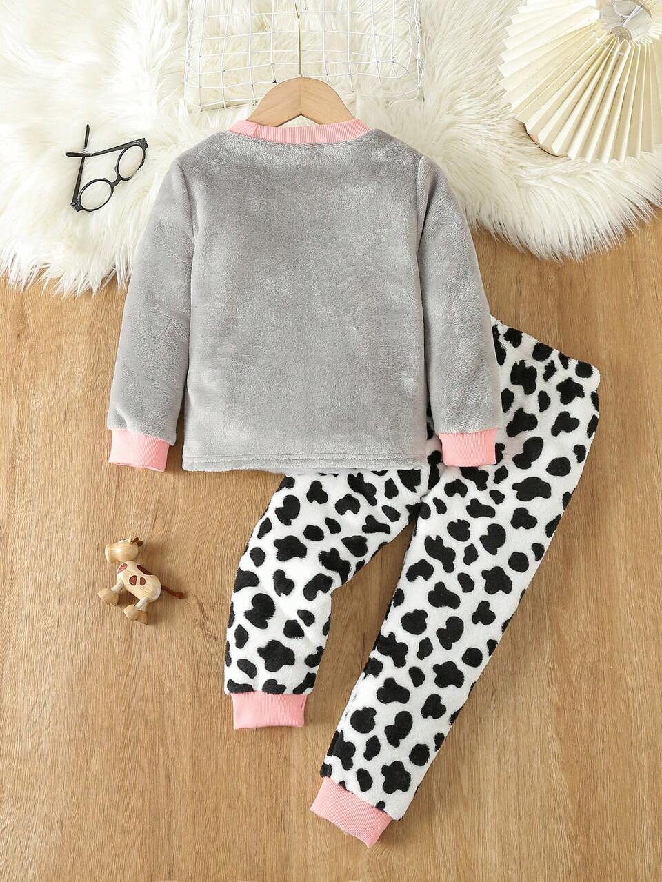 Young Girl Cow & Heart Embroidery Flannel PJ Set