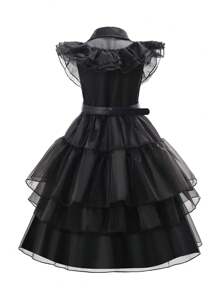 Black Elegant Vintage Young Girls Halloween Mesh Ruffle Hem Dress, Durable Fabric, Suitable For Halloween Costume, Stage Performance, Role Play, Cosplay, Halloween Dress - Black - View 4