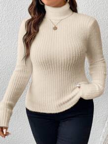 SHEIN Frenchy Áo len dệt kim cổ lọ có gân Plus, cho mùa đông - Màu be - Xem 4