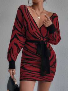 Chiquease Mô hình sọc ngựa vằn tay cánh Bọc Thắt lưng Đầm Áo len - Màu Đỏ Sâu - Xem 3