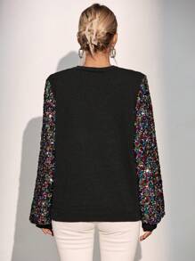 SHEIN Essnce 亮片拼接燈籠袖套頭毛衣 - 黑色 - 查看 2