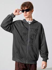SHEIN Thiếu niên con trai Sọ Và Đồ họa Khẩu hiệu Dây kéo Áo nỉ có mũ - Xám - Xem 6