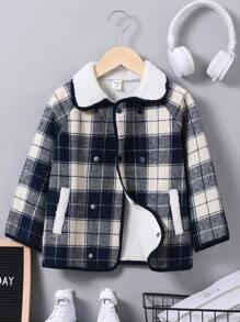 SHEIN Chico joven Abrigo con estampado de cuadros cuello de borreguito con forro teddy