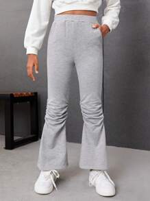 Tween Girl Letter Graphic Ruched Knee Flare Leg Sweatpants - Grey - View 2