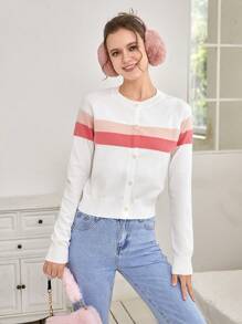 SHEIN EZwear Striped Pattern Raglan Sleeve Cardigan - White - View 5