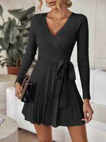 EMERY ROSE Surplice Neck Pleated Hem Belted Sweater Dress Fall Winter Cloth For Women - Black - View 5